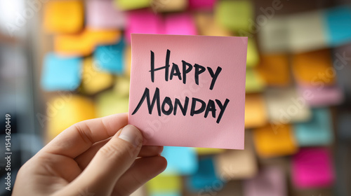 Hand Holding Pink Sticky Note with Happy Monday Message in Office Wall with Colorful Post-it Notes