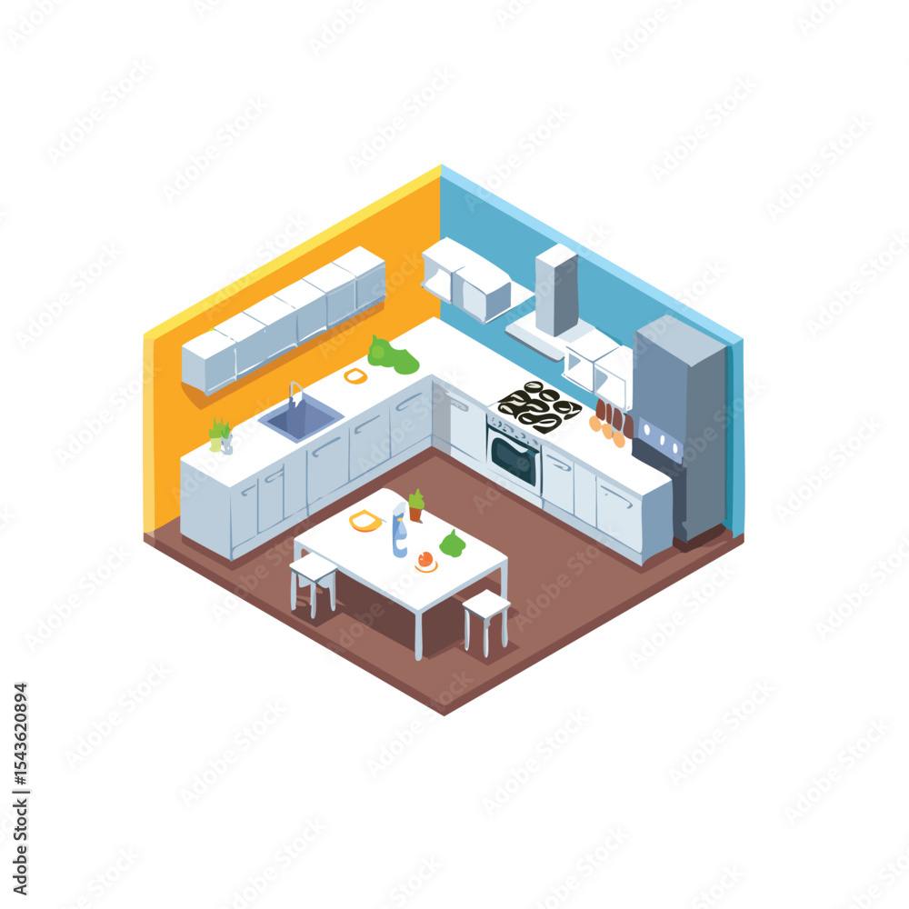 Fototapeta premium Modern isometric kitchen design white cabinets appliances