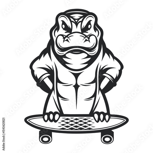Aggressive Turtle on Skateboard: Powerful monochrome vector illustration of a determined turtle, stylized for logos, mascots, and print design.       