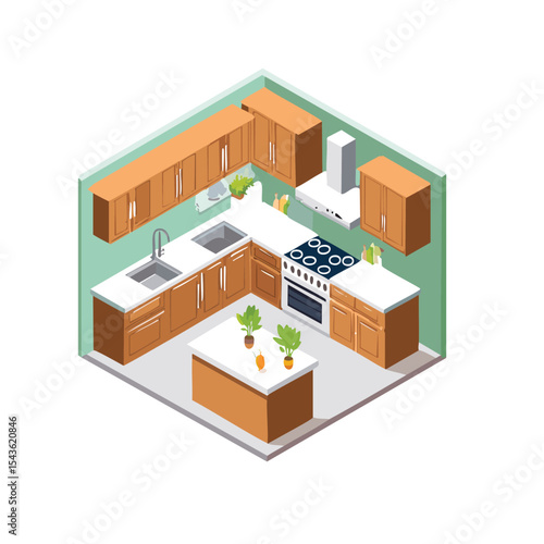Modern isometric kitchen design with wooden cabinets island