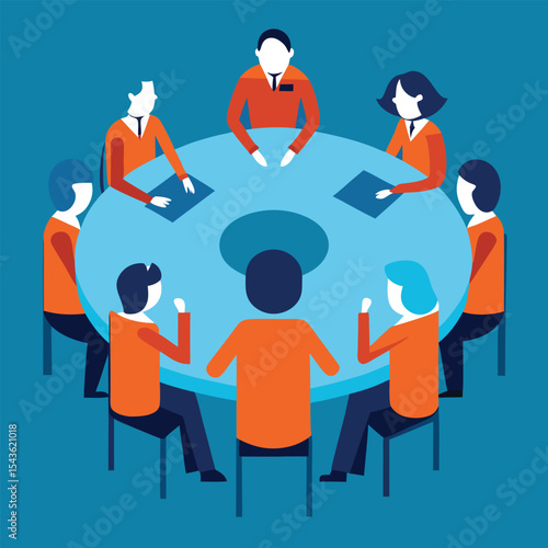 business team around round table in large conference meeting concept