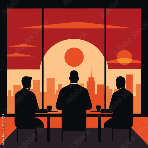 early morning office meeting at sunrise with large window background