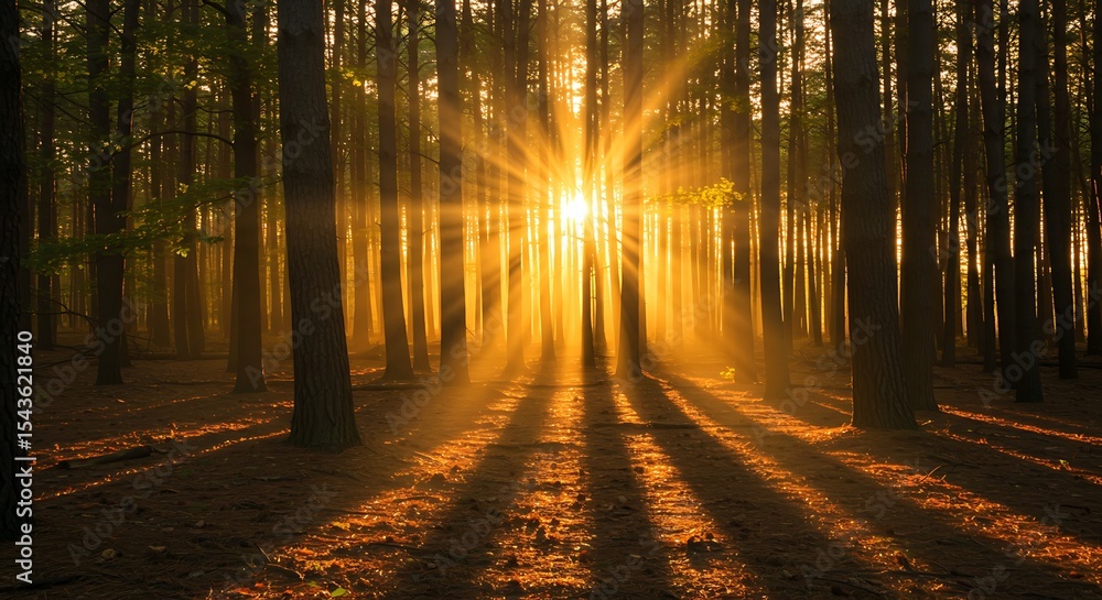 Fototapeta premium A golden light shines through the trees in the forest