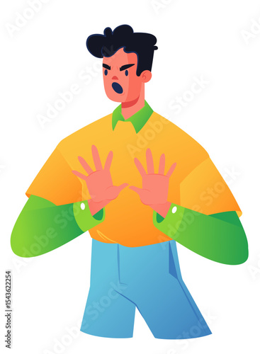 A very indignant man moves away with both hands from the object that causes him to feel negative and make a NO gesture. The concept of expressing emotions, defending personal boundaries, body language