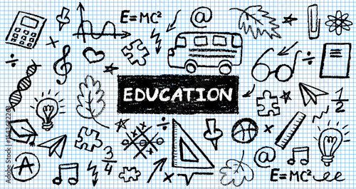 Charcoal school doodles on notebook sheet in a cage. Fun handdrawn icons for back to school themes. Cute childish education pastel or black wax pencil signs. Grunge vector classroom symbols