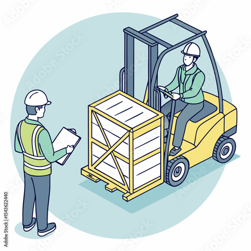 Isolated isometric illustration of a forklift operator training session, where an instructor oversees the licensing process in a warehouse environment.