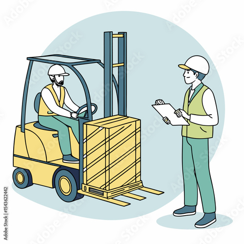 Forklift license training scene in an isometric view, featuring an instructor supervising the examination in a controlled warehouse safety setting.