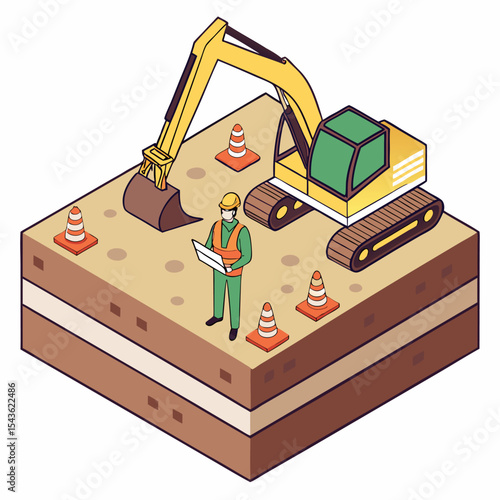 Excavation site isometrically illustrated with engineers supervising construction progress for underground utility pipeline installation.
