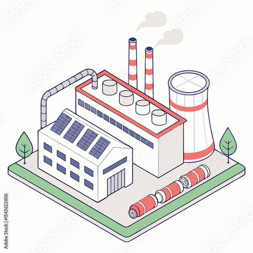 Isometric illustration of a carbon capture and underground storage station converting CO₂ to O₂, supporting eco-friendly industrial factory carbon credit systems.
