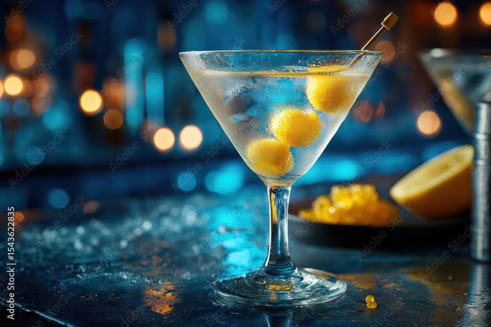 Ultra-Clear Vodka Martini with Caviar and Mirrored Barlight Reflections Ultra-Clear Vodka Martini with Caviar and Mirrored Barlight Reflections