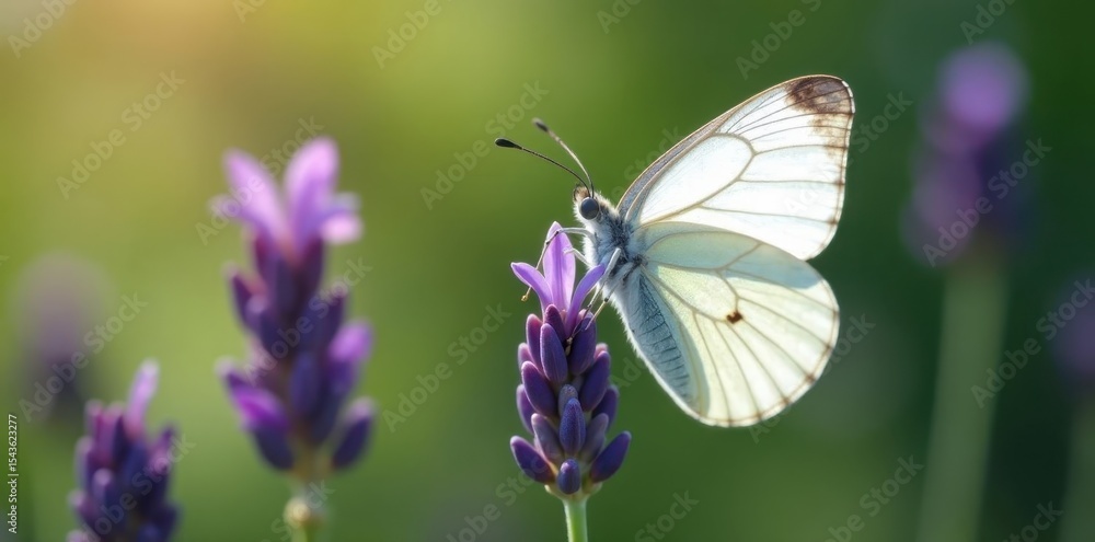 White butterfly wings spread, perched on lavender stalk , environment, wings White butterfly wings spread, perched on lavender stalk , environment, wings