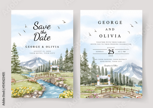 Wedding invitation of nature landscape with wedding gate and river view watercolor