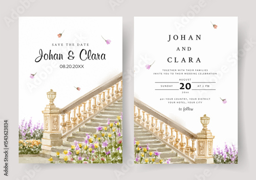 Wedding invitation of nature landscape with wedding staircase watercolor