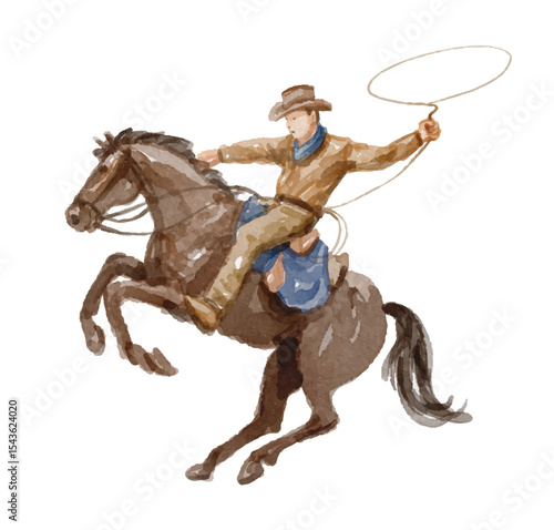 Hand painted watercolor cowboy riding horse with a lasso