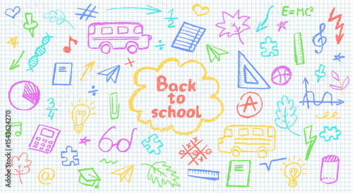 Charcoal school doodles on notebook sheet in a cage. Fun handdrawn icons for back to school themes. Cute childish education colorful pastel or wax pencil signs. Grunge vector classroom symbols