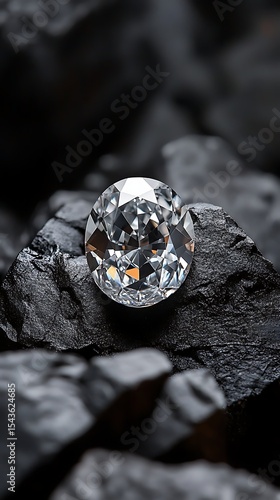 CloseUp of Oval Cut Diamond on Coal Symbolizing Beauty Found in Darkness