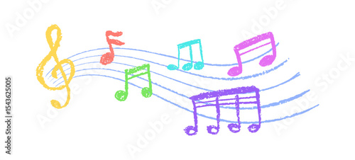 Vector of music notes in charcoal scribble texture. Handwritten pop style on white background with vibrant colors. Cute childish music kindergarden or school rainbow pastel or wax pencil signs