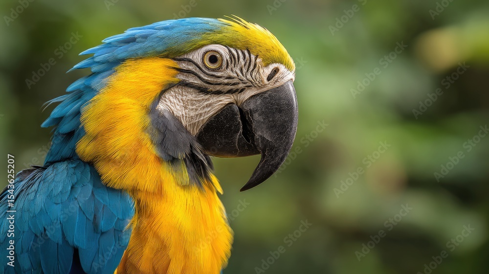 Fototapeta premium A close-up of a blue and yellow macaw. The bird has vibrant feathers and a strong beak. The background is blurred, emphasizing the macaw's features.