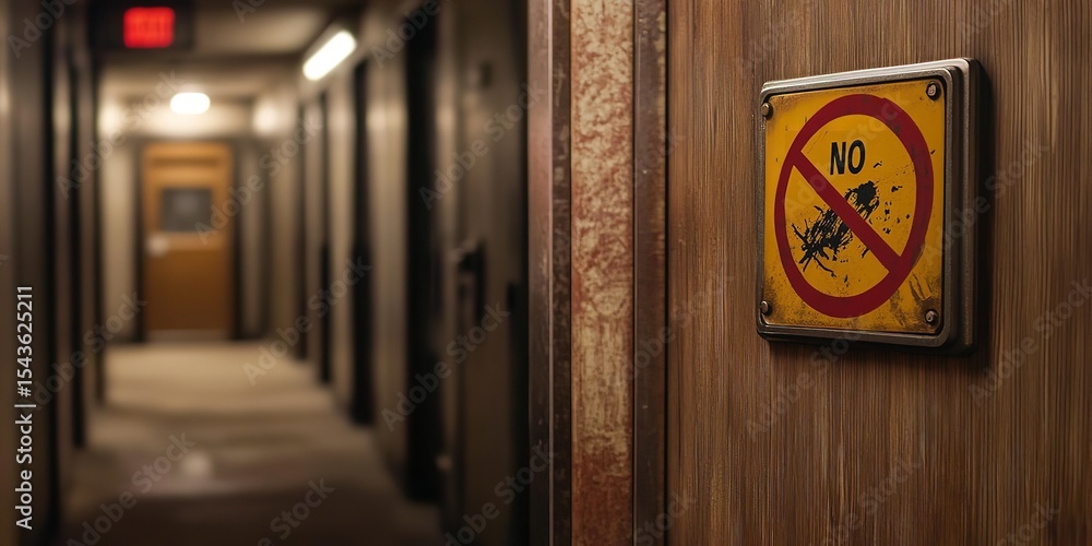 Yellow No Radioactive Symbol Sign Hanging on Office Wall with Wooden Paneling Seen Through Doorway Yellow No Radioactive Symbol Sign Hanging on Office Wall with Wooden Paneling Seen Through Doorway
