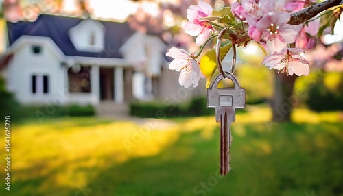 key hangs on blooming spring tree against country house background cherry blossom in green garden landscape real estate moving home or renting property concept
