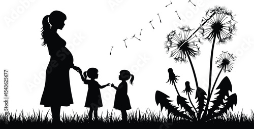Silhouette of pregnant mother with two daughters in nature, dandelion flowers blowing in wind, family love concept, childhood bonding, outdoor illustration, parenting vector design art