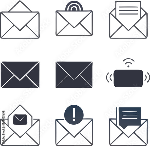 Black and white minimalist vector icons of email and messaging symbols, including closed, open, and alert envelopes for communication, notifications, and UI/UX interface design