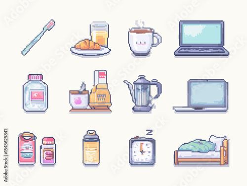 Pixel Art Icon Pack of Daily Routines with Weekday Labels in Cute Minimal Pastel Style on White Background