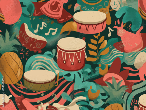 Seamless Pattern of Stylized Steelpan Drums with Dancing Figures Tropical Fruits Music Notes and Waves in Rhythmic Flow