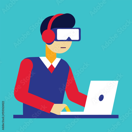 Office worker using vr headset for virtual business meeting  