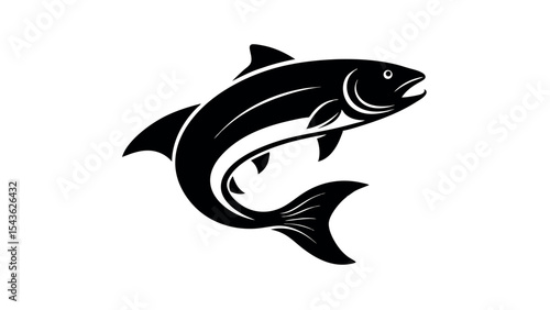 A dynamic black silhouette of a jumping salmon fish. An isolated vector illustration concept, ideal for a fishing or nature logo.
