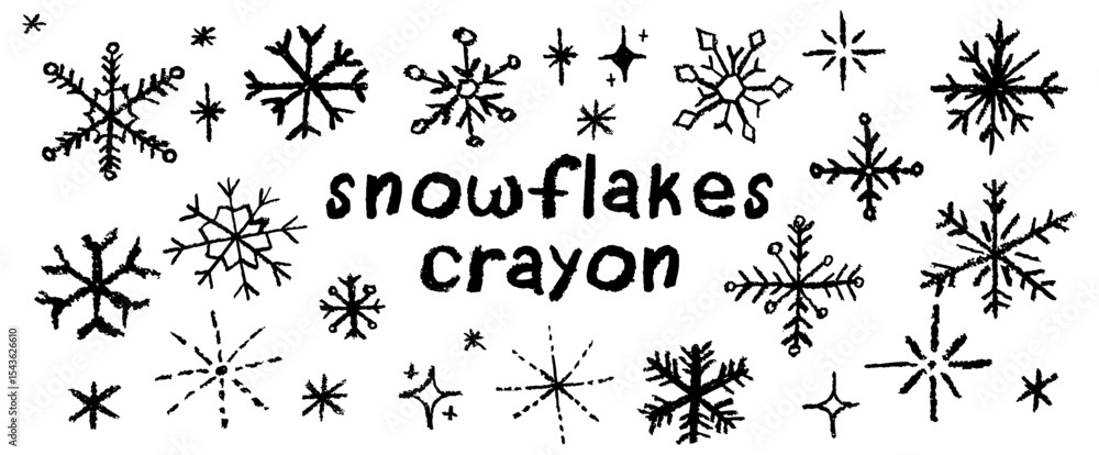 Christmas snowflake set with wax, black crayon or charcoal texture. Quirky chalkboard style, perfect for kindergarten Xmas crafts, cards and holiday designs. Vector illustration drawn as if by a child