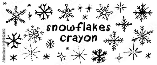 Christmas snowflake set with wax, black crayon or charcoal texture. Quirky chalkboard style, perfect for kindergarten Xmas crafts, cards and holiday designs. Vector illustration drawn as if by a child