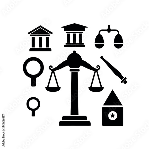 Collection of black silhouette icons representing law, justice, and the legal system, including courthouse, scales, and gavel symbols.
