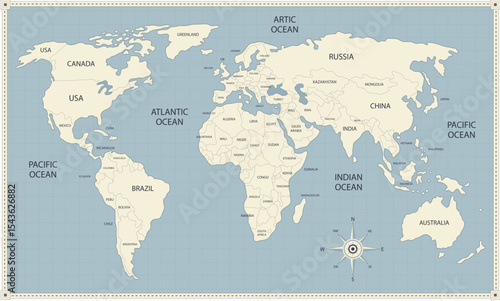 Vintage Style World Map Vector with Labeled Countries and Oceans for PowerPoint Presentations. SVG.