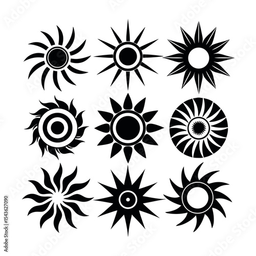 A diverse set of nine black sun icons on a white background. Stylized graphic solar symbols and star shapes for design elements.