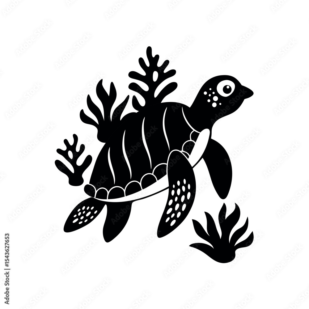 Naklejka premium Sea Turtle Silhouette with Coral Reef Elegant Black and White Ocean Animal Illustration