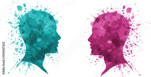 Abstract watercolor human heads facing each other, male and female profiles, colorful ink splatter silhouettes, creative communication concept, modern mind art, psychology vector illustration
