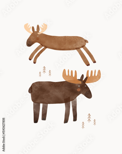 Nursery Vector Art with Cute Moos.Funny Hand Drawn Print with Cartoon of Moose on a White Background.Woodlan Animal.Infantile Drawing-like Funny Bucks.