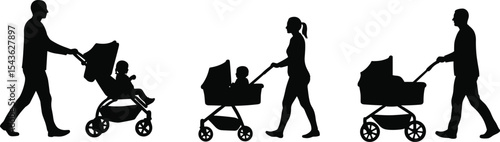 Silhouettes of parents walking with baby stroller, child in pram, mom and dad pushing carriage, family care concept, isolated black vector illustration for parenting design