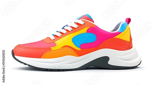 Colorful Chunky Sneaker Isolated on White Background, Sporting Vibrant Pink, Orange, Yellow, and Blue Tones
