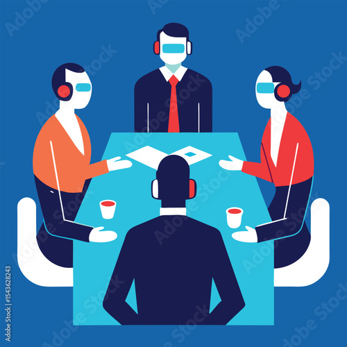 Virtual reality business meeting illustration in futuristic setting  