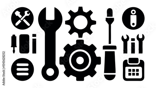 Essential Toolkit Icons Wrench, Screwdriver, Gear, and More - High-Resolution Vector Graphics for Repair, Maintenance, and Mechanical Projects