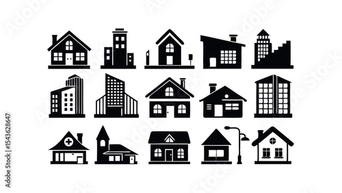Collection of Black and White House and Building Icons Perfect for Real Estate, Architecture, and Urban Design Projects
