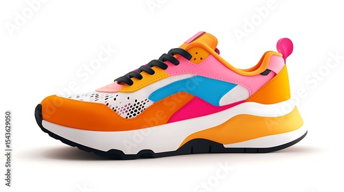 Colorful Chunky Sneaker Orange, Pink, Blue, Yellow, and Black LaceUp Casual Shoe on White Background