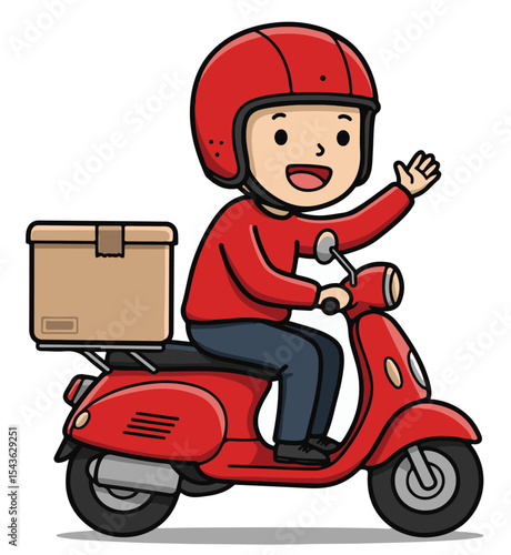 Happy courier in helmet delivering boxes on scooter