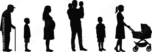 Silhouettes of family generations including elderly man, pregnant woman, children, parents, and baby stroller, symbolizing life stages, parenthood, family values, growth, aging, and human connection.