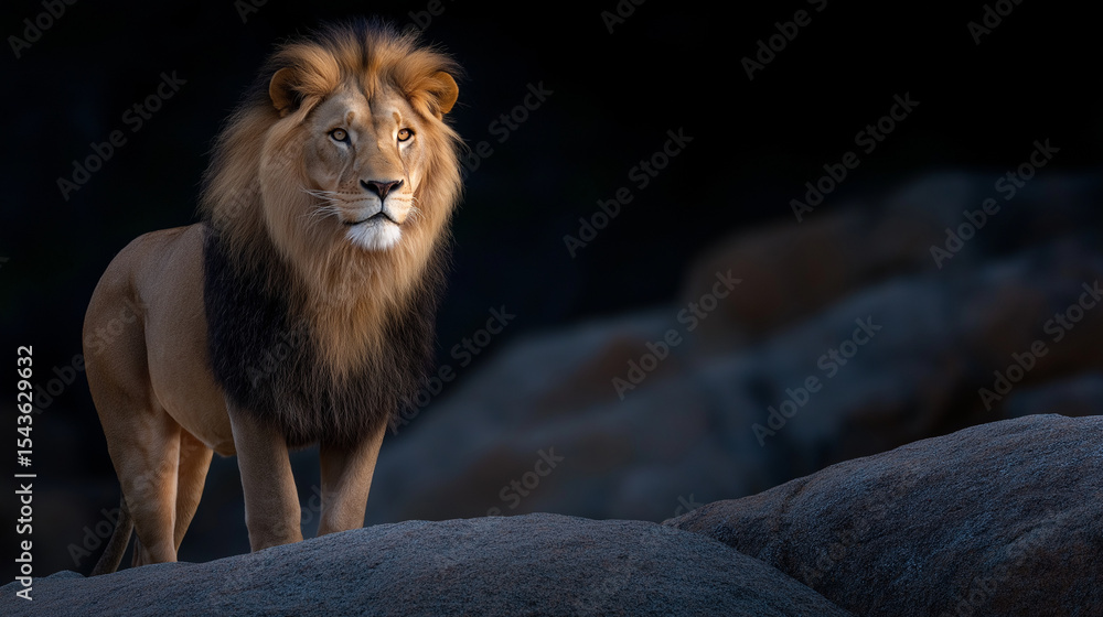Fototapeta premium Majestic lion in gentle light with powerful stance