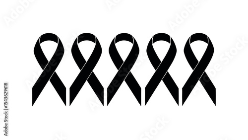 Five Black Awareness Ribbons Symbol of Mourning, Remembrance, and Support for Loss and Grief