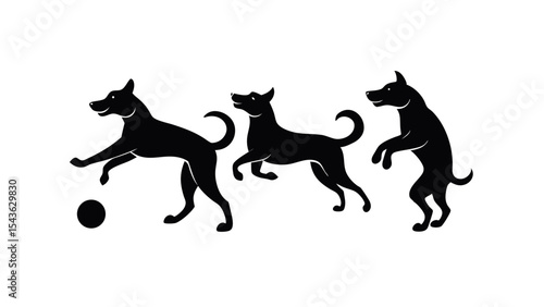 Silhouette Illustration of Three Playful Dogs Fetching, Jumping, and Standing