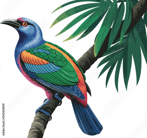 Vector Illustration of a Colorful Tropical Bird Perched on a Tree Branch